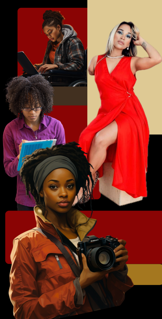 This image includes four black and brown girls and women with disabilities. Top Image: A young black girl sitting in a wheelchair and looking at resources on her laptop computer. Middle Image 1: A light-skinned brown woman poses in a red dress. Middle Image 2: A black girl looking over a movie script. Bottom Image. A young black camerawoman holding a camera.