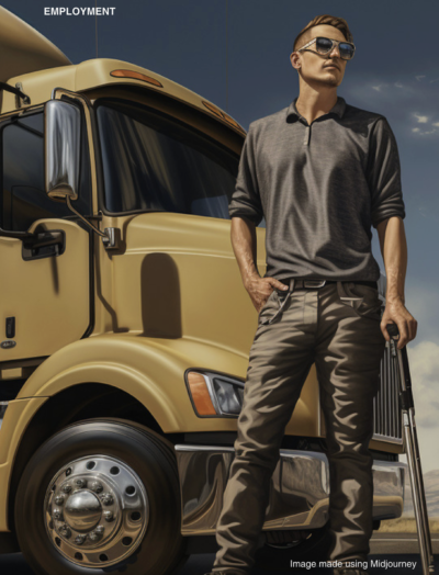 Image of disabled truck driver with a cane standing in front of his truck. Image produced using Midjourney