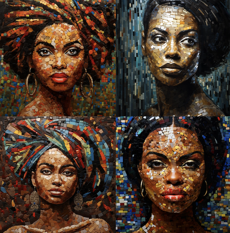 The faces of four black and brown women produced as mosaics.