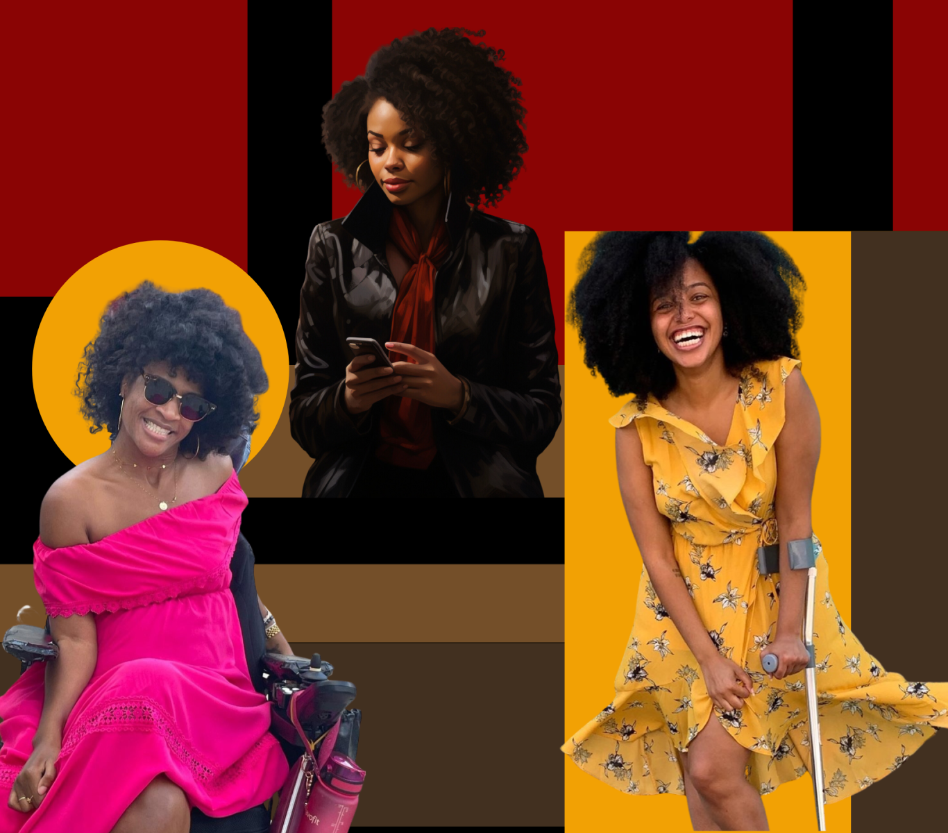 Image of three black and brown women. One is using a phone, one is in a wheelchair, and one is wearing a yellow dress that is blowing in the wind. She is using a forearm crutch.