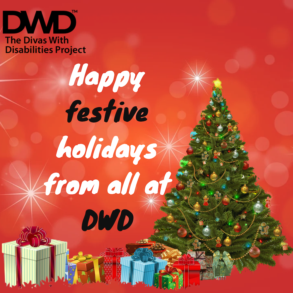 Text says "Happy festive holiday from all at DWD" and includes images of a Christmas tree and presents.