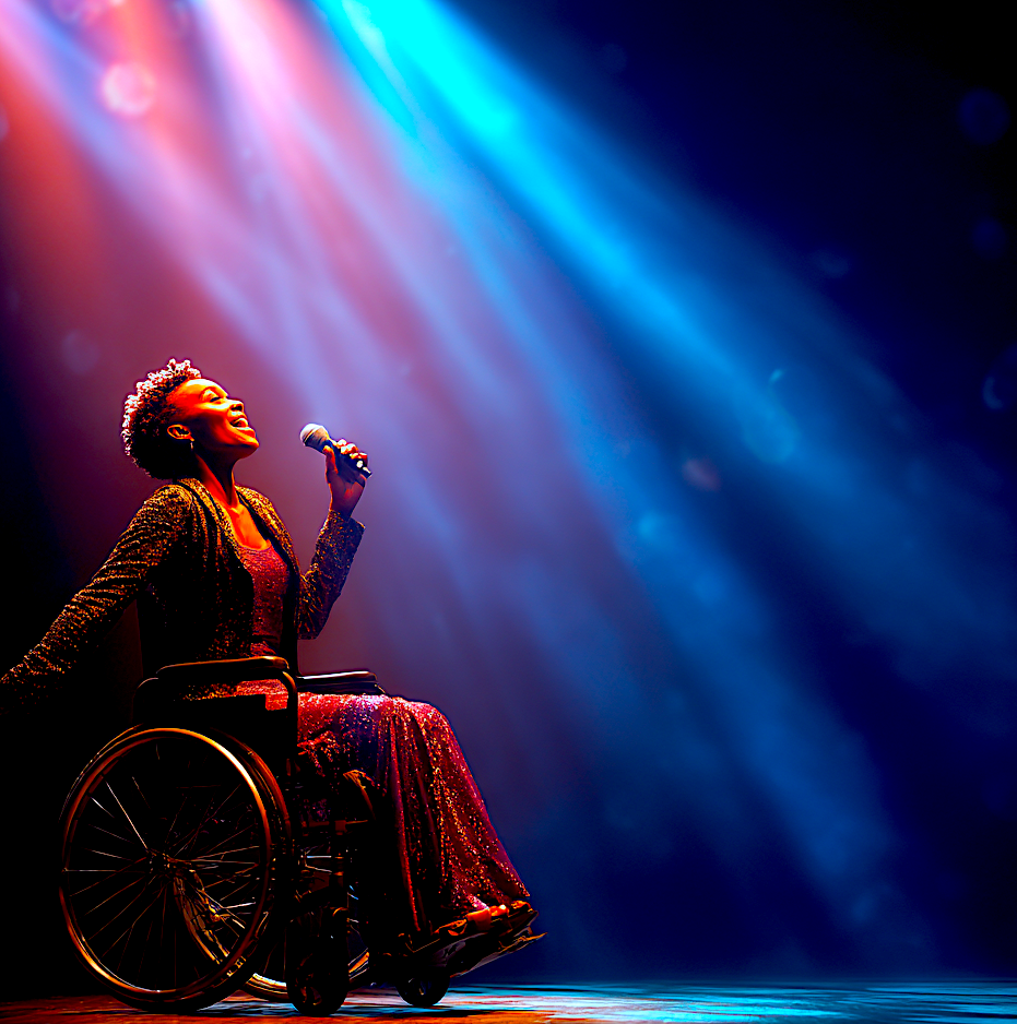 Black singer in a wheelchair in the spotlight. AI-generated image made using Midjourney