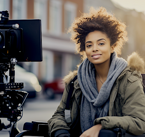 Black female in wheelchair being interviewed by media. Image produced using Midjourney