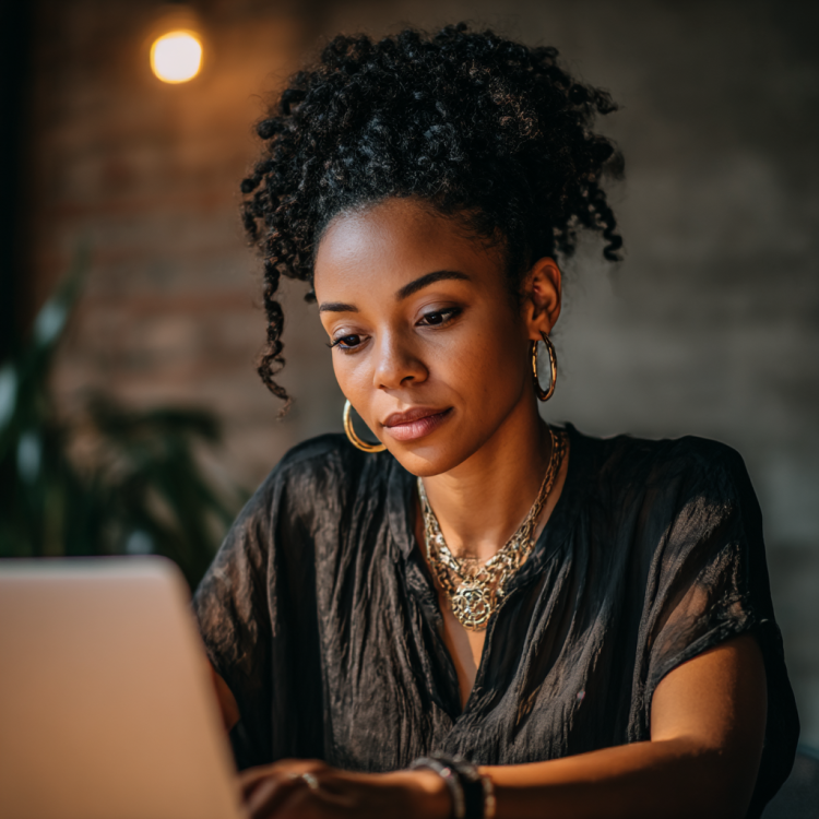 Black woman working on a laptop. Image produced using Midjourney