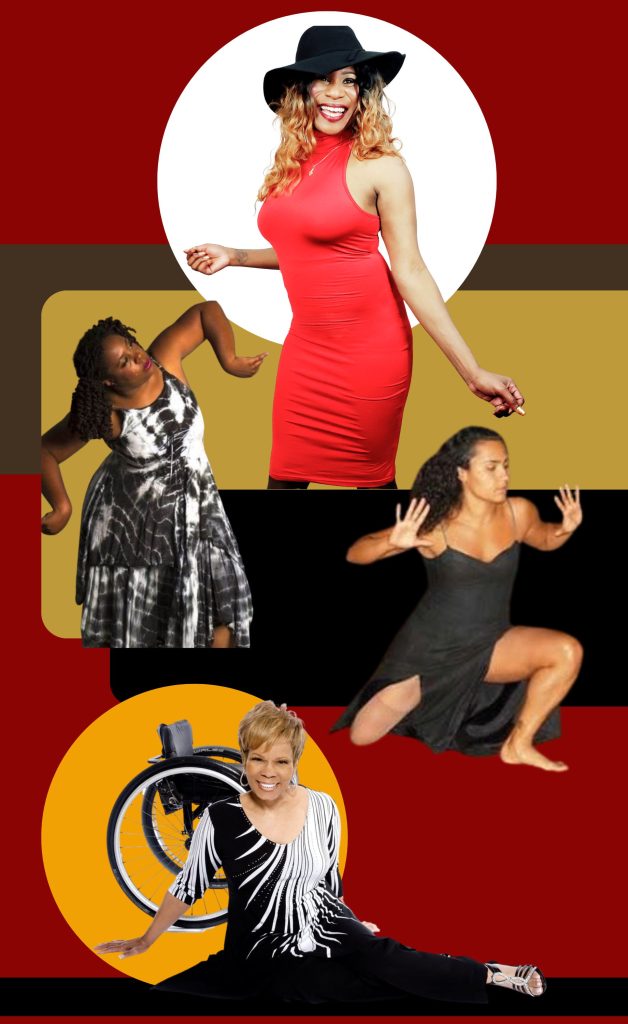 Top image: A black female dressed in a red dress and wearing a hat. She is in the spotlight. Middle left image: A black woman in a dramatic pose. Middle right image: A dancer who has only one leg. Bottom image: A dancer sits on the floor in front of her wheelchair.